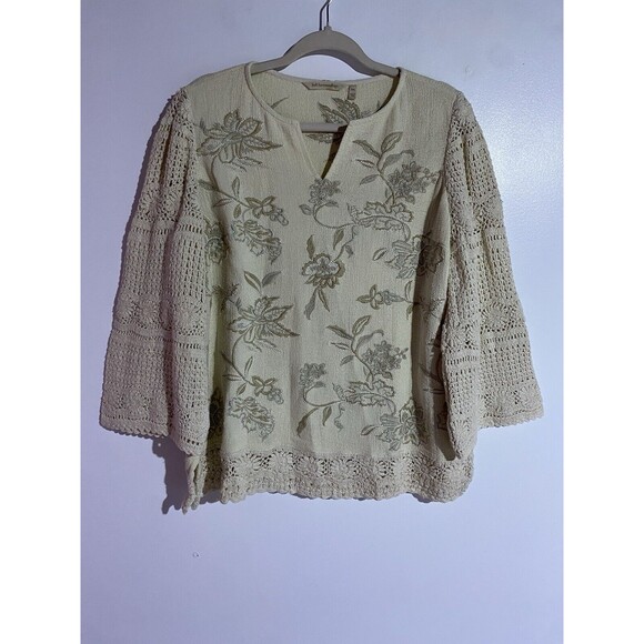 Soft Surroundings Top PXL Cream Crochet Boho Beachy Floral Embroidery Artsy - Picture 1 of 10